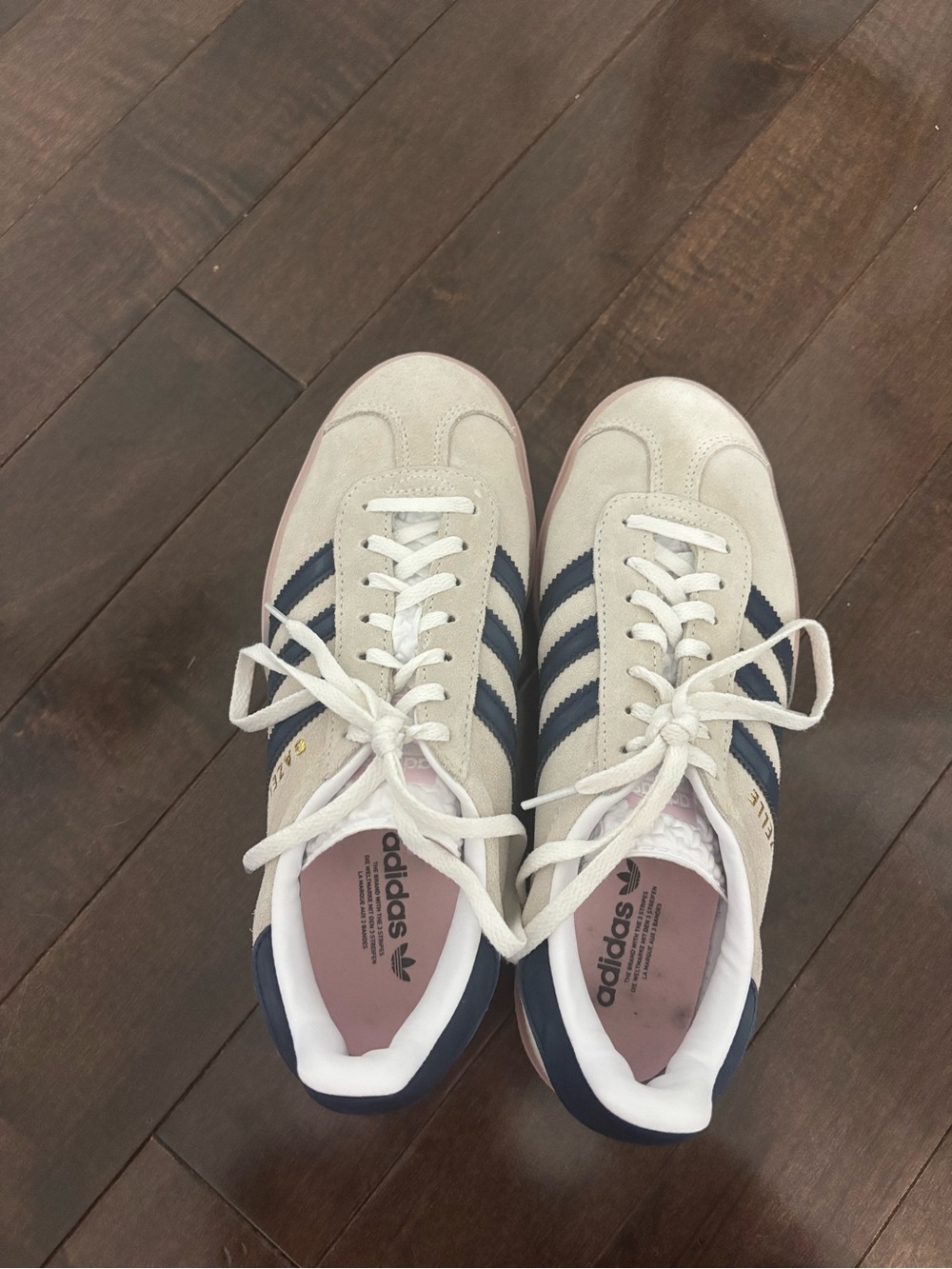 adidas Women’s Cream Suede Sneakers with Navy Stripes & Pink Platform - Picture 5 of 6